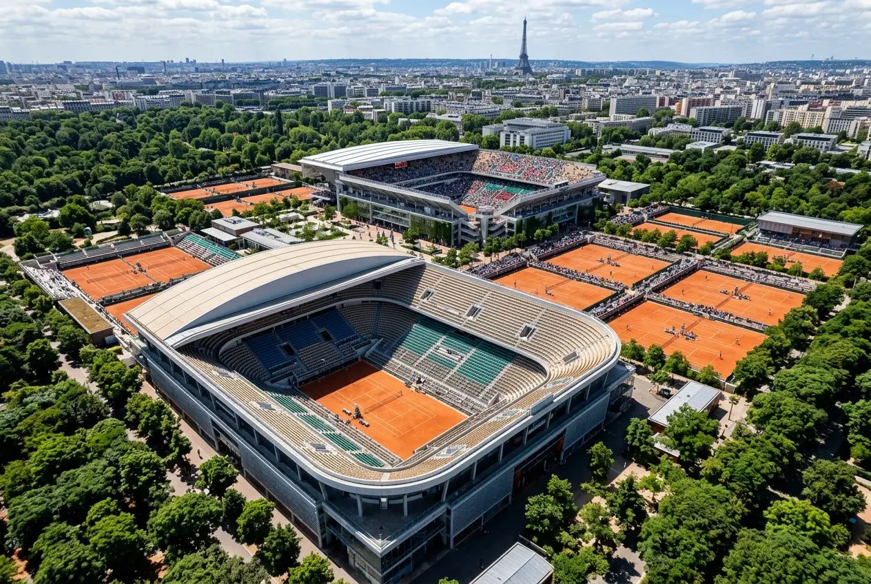 Aéroport et stades entourés de terrains de tennis orange, vues aériennes du complexe Roland-Garros avec le parc et la ville au loin, en gros plan sur le court central. Roland-Garros qualifications 2026.