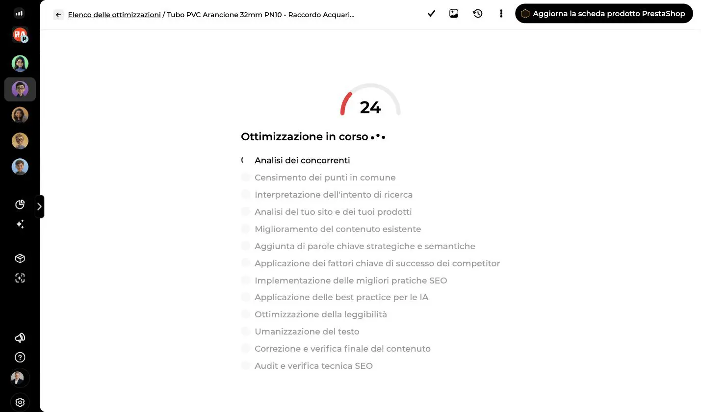 Pannello Ottimizzazione in corso con indicatore del punteggio contenuto a 24 e l'elenco delle tappe di analisi e riscrittura
