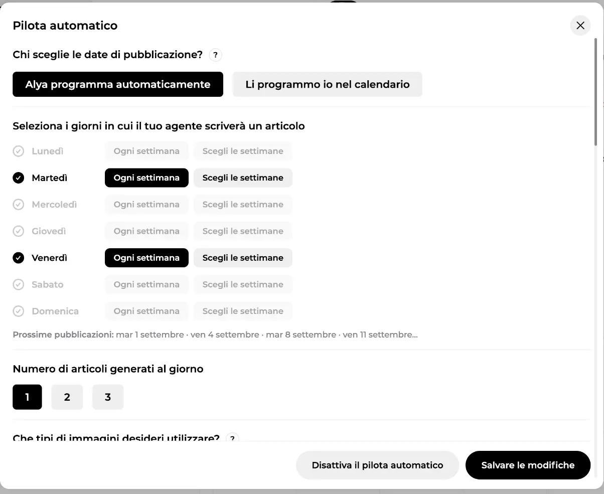 Pannello Pilota automatico: chi sceglie le date, giorni della settimana spuntati e numero di articoli generati al giorno