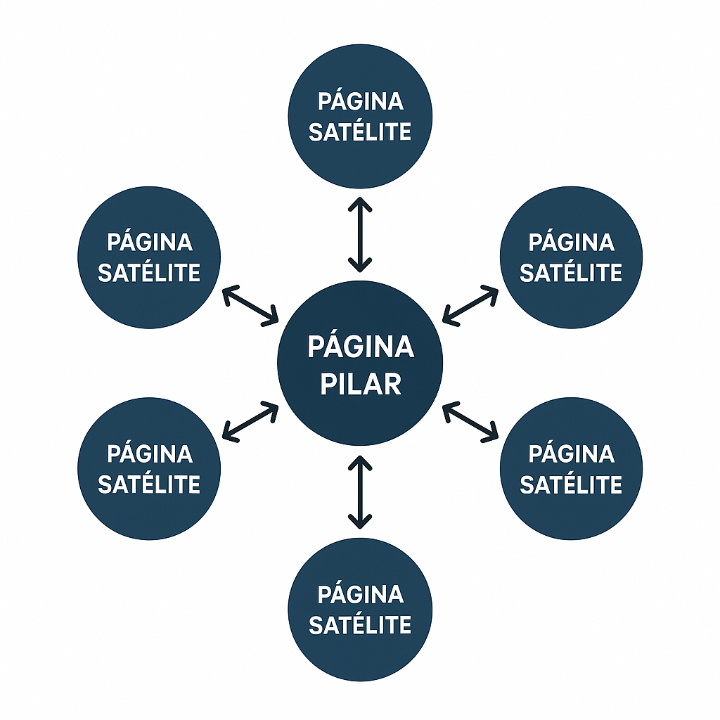 Gráfico de la estructura de un clúster temático SEO, mostrando una página pilar y su relación con las páginas satélite.
