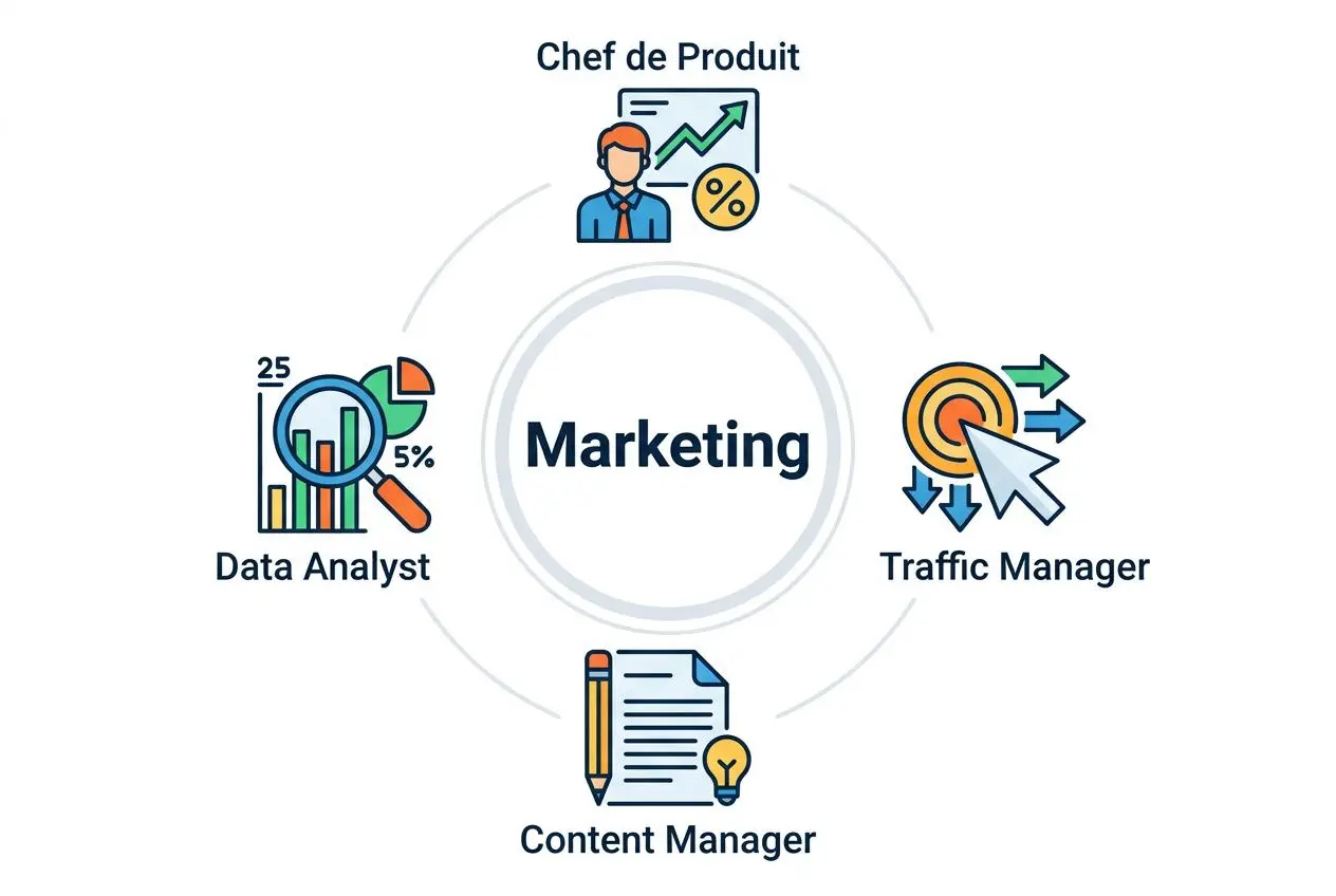 Chef de Produit, Data Analyst, Traffic Manager et Content Manager autour du mot Marketing, représentant les métiers après école commerce.
