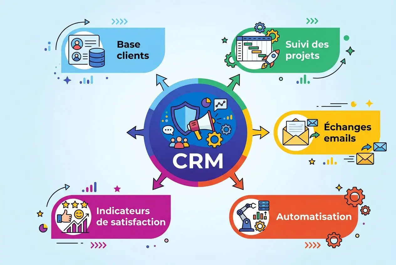 Diagramme CRM montrant le cœur “CRM” entouré de flèches colorées et d’icônes: Base clients, Suivi des projets, Échanges emails, Automatisation, Indicateurs de satisfaction. Intègre le thème gestion de la relation client définition.
