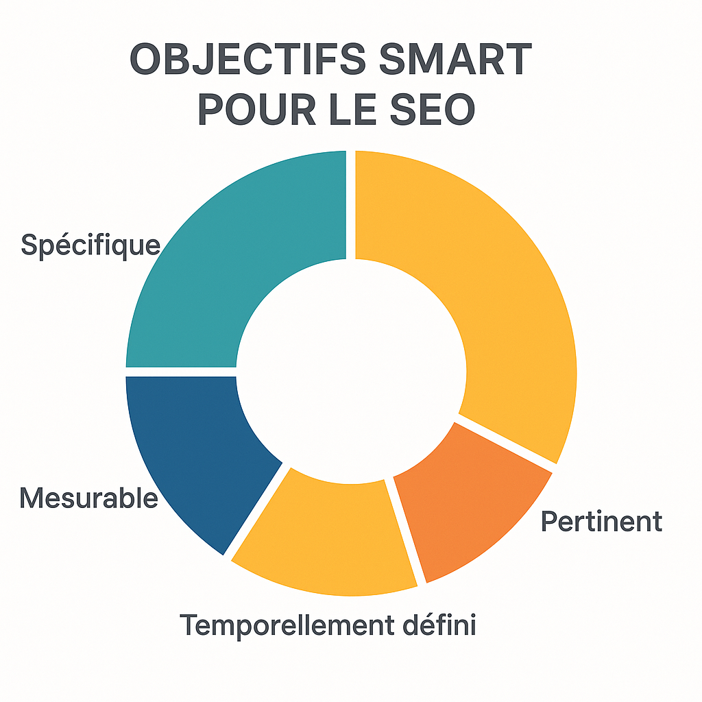 Infographie expliquant les cinq critères des objectifs SMART pour une stratégie SEO.