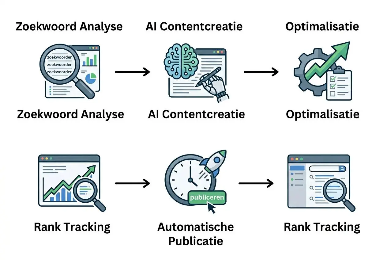 Diagram van SEO-automatiseringstoolstroom: van zoekwoordanalyse, AI-contentcreatie, optimalisatie tot automatische publicatie en rank tracking. Diagram van SEO-automatiseringstoolstroom met stappen: zoekwoordanalyse, AI-contentcreatie, optimalisatie, rank tracking en automatische publicatie.