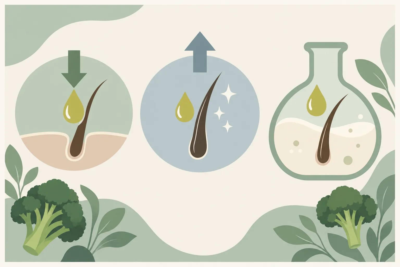 Illustration pédagogique sur l’huile de brocoli: goutte d’huile et racine de cheveu illustrées, avec flèches montrant absorption et brillance, accompagnée de brocoli et verdure. huile de brocoli bienfaits cheveux