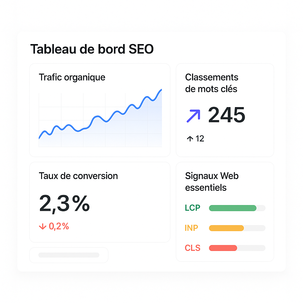 Interface stylisée d'un tableau de bord SEO affichant les principaux KPIs et la performance du site.
