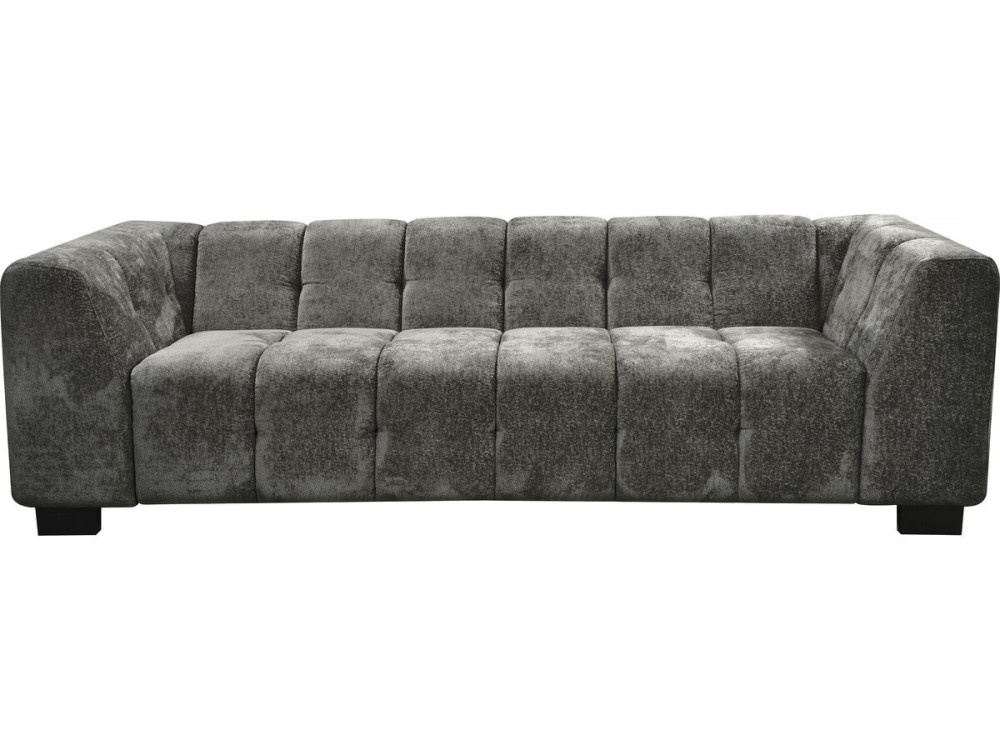 Canapé droit épais et confortable en tissu gris foncé, assises volumineuses et dossier tufté, pieds sobres.