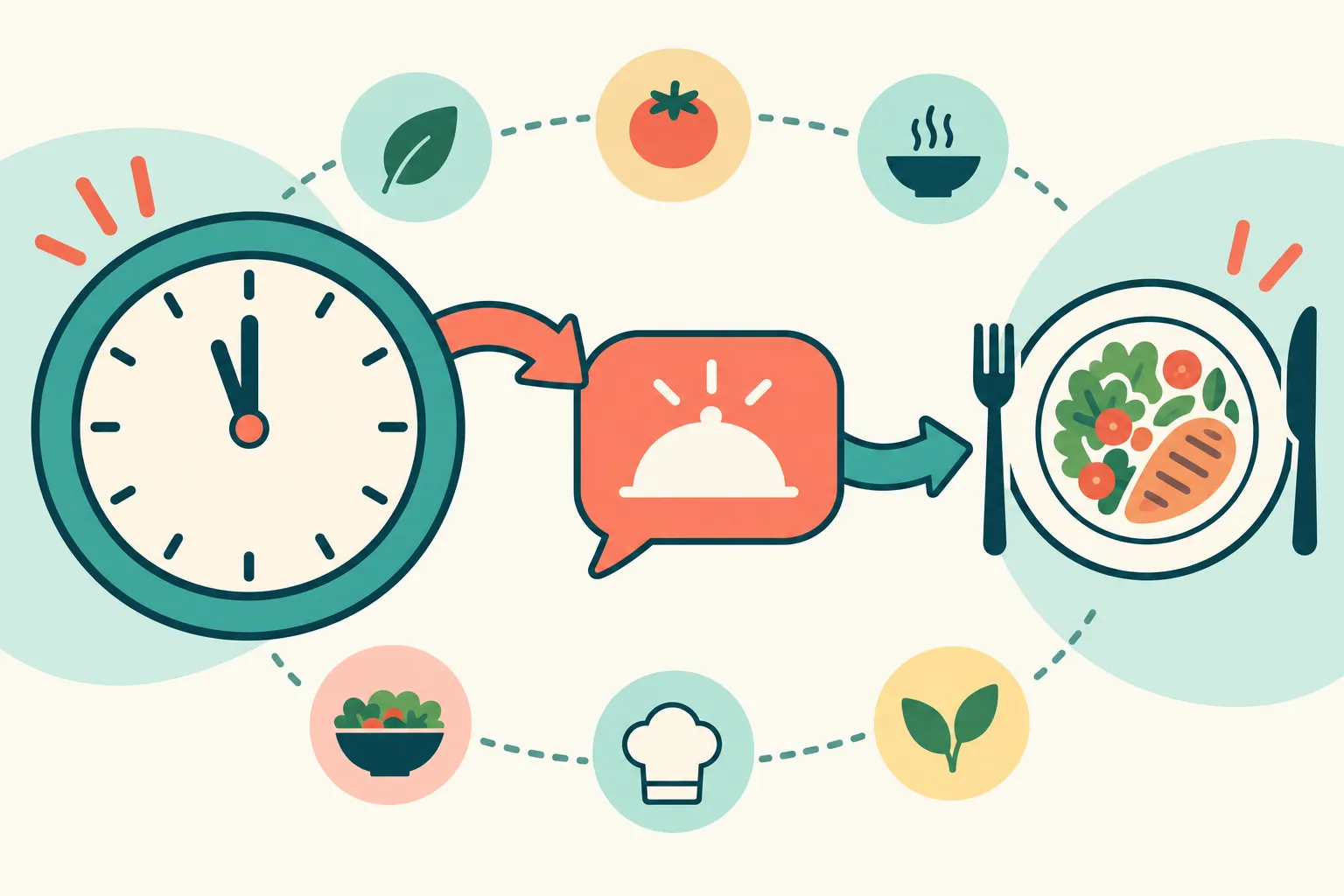Horloge, bulle de texte avec plat cuisiné et assiette de repas entourés de pictogrammes d’aliments et de flèches indicaant