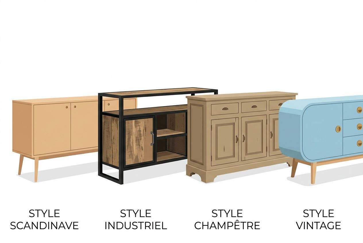 Quatre buffets de styles différents (Scandinave, Industriel, Champêtre et Vintage) alignés, montrant diverses formes et finitions.