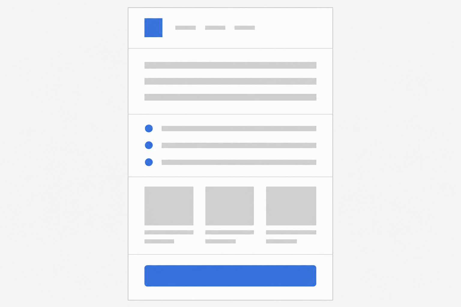 Schema della struttura di una newsletter: intestazione, introduzione, notizie brevi, contenuti in evidenza e pulsante di azione.