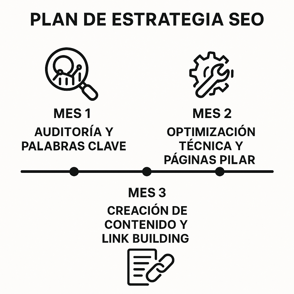 Línea de tiempo de una estrategia SEO de tres meses: Mes 1 para auditoría, Mes 2 para optimización técnica y Mes 3 para contenido y enlaces.