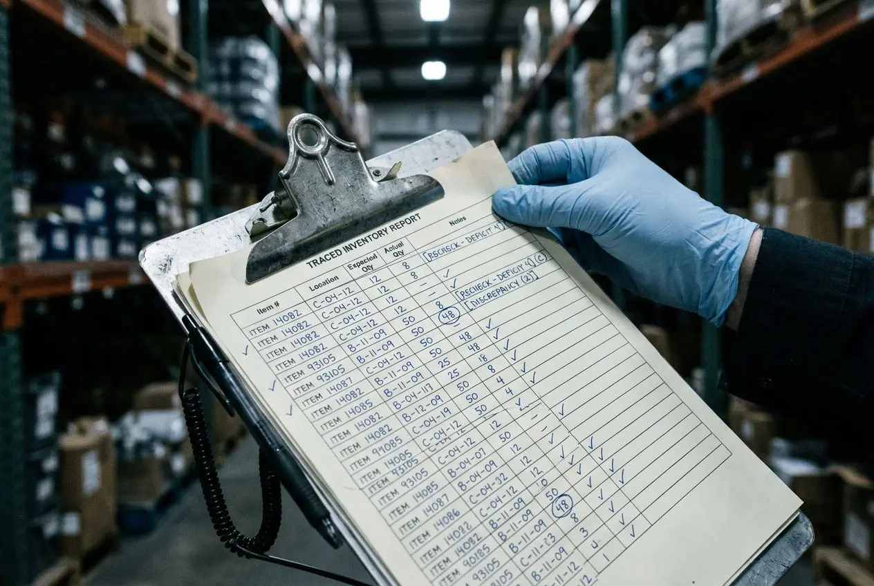 Rapport d’inventaire tenu par une main gantée dans un entrepôt, prêt à documenter d’éventuels vols en entreprise preuve.