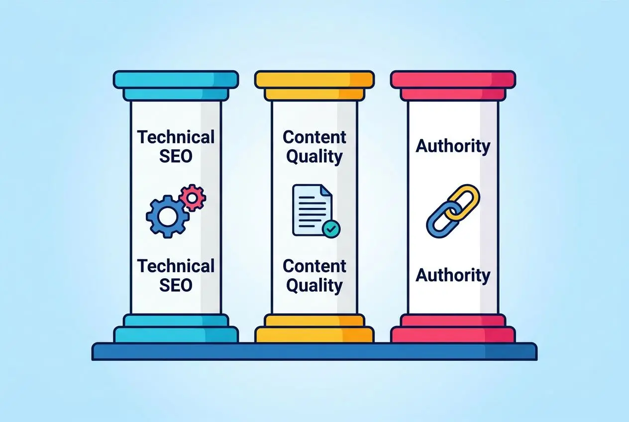 Three columns labeled Technical SEO, Content Quality, and Authority, each depicted as a colored pillar on a blue base.