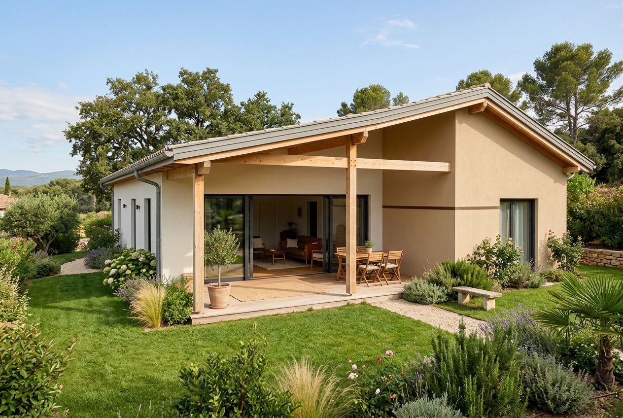 Belle maison plain-pied de style contemporain avec terrasse abritée, jardin soigné et façade claire. Constructeur maison individuelle plain-pied.