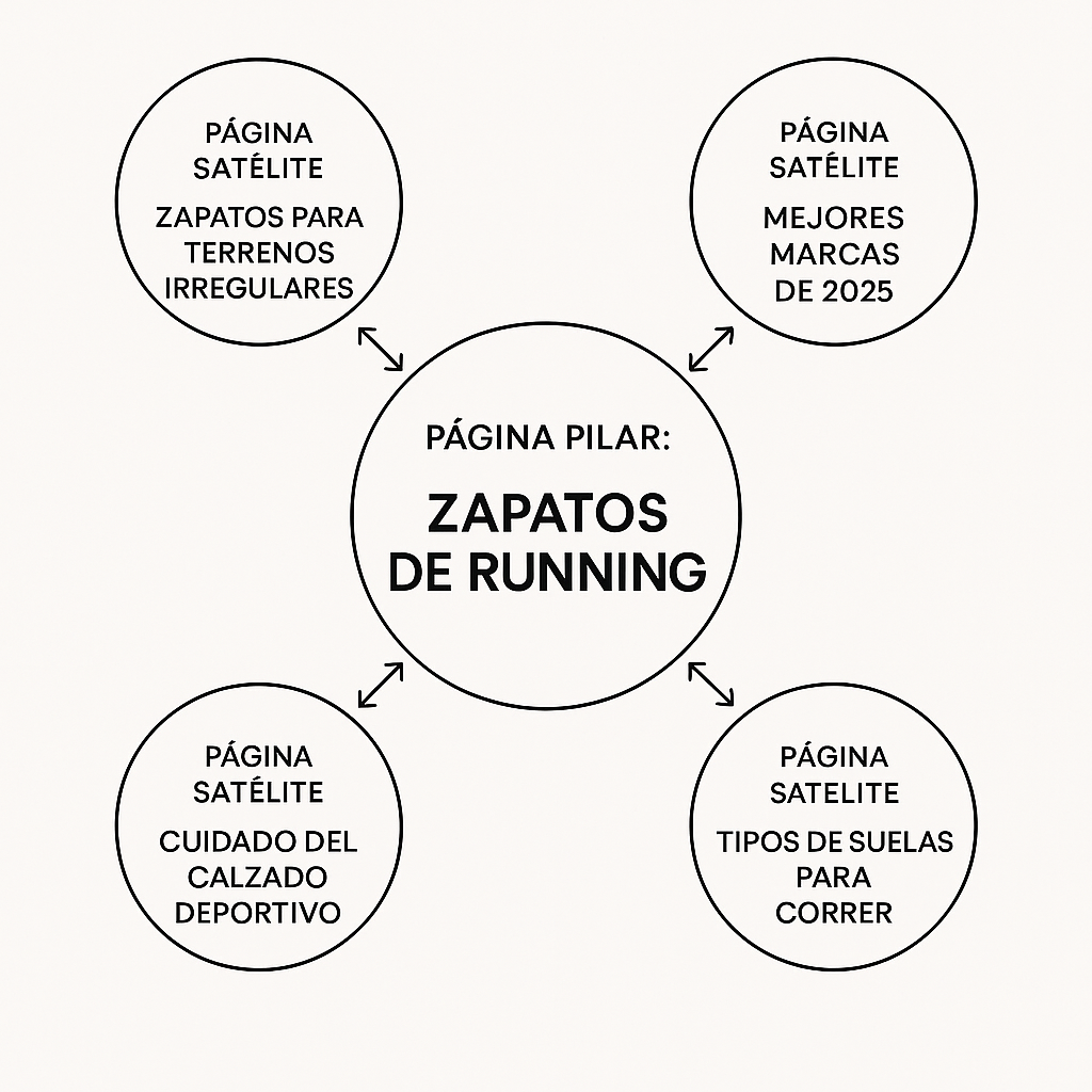 Diagrama de la arquitectura de un clúster de contenidos SEO, mostrando una página pilar central conectada a varias páginas satélite.