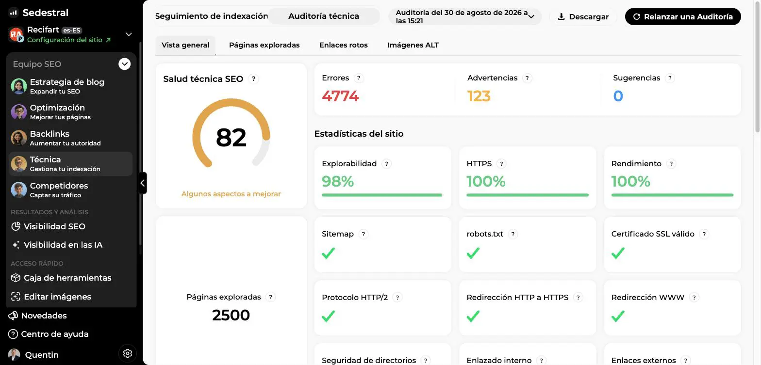 Vista general de la auditoría técnica de Sedestral: salud técnica SEO de 82, contadores de errores y estadísticas del sitio