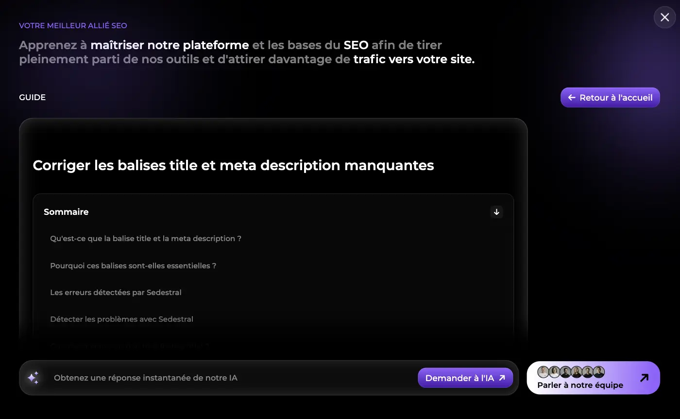 Guide de correction ouvert depuis l'audit technique, sur les balises title et meta description manquantes, avec son sommaire