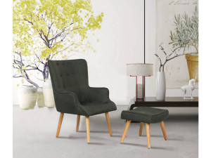 Fauteuil salon confortable avec ottomane assortie et pieds bois, décor lumineux et apaisant. fausse: 