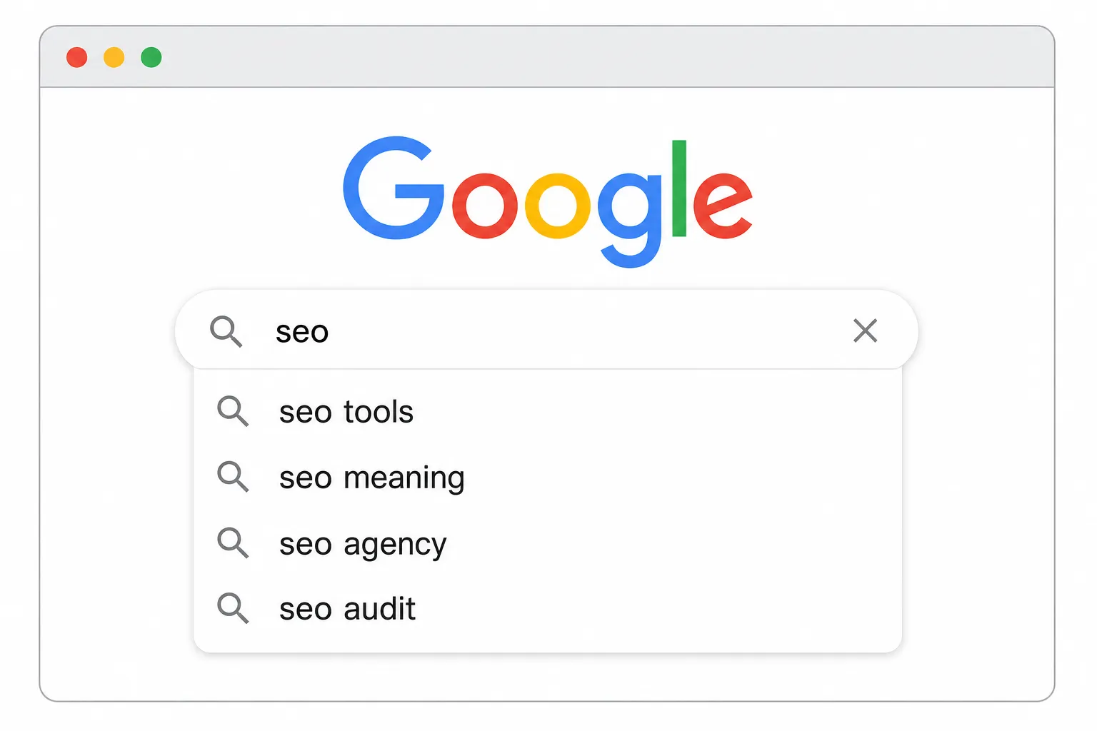 Google Autocomplete showing keyword suggestions around the term SEO in a browser window.