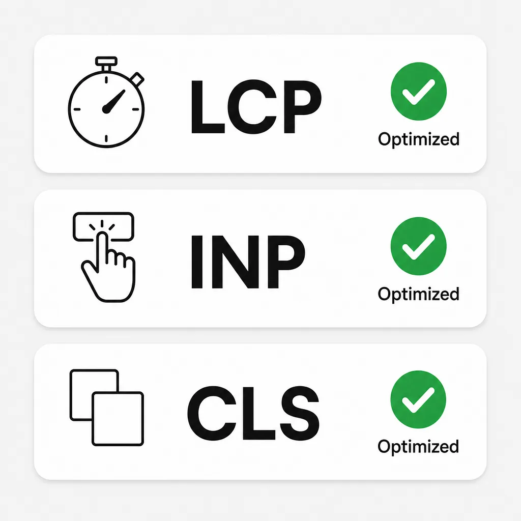 Core Web Vitals infographic: LCP, INP and CLS, each marked as optimised for technical performance.