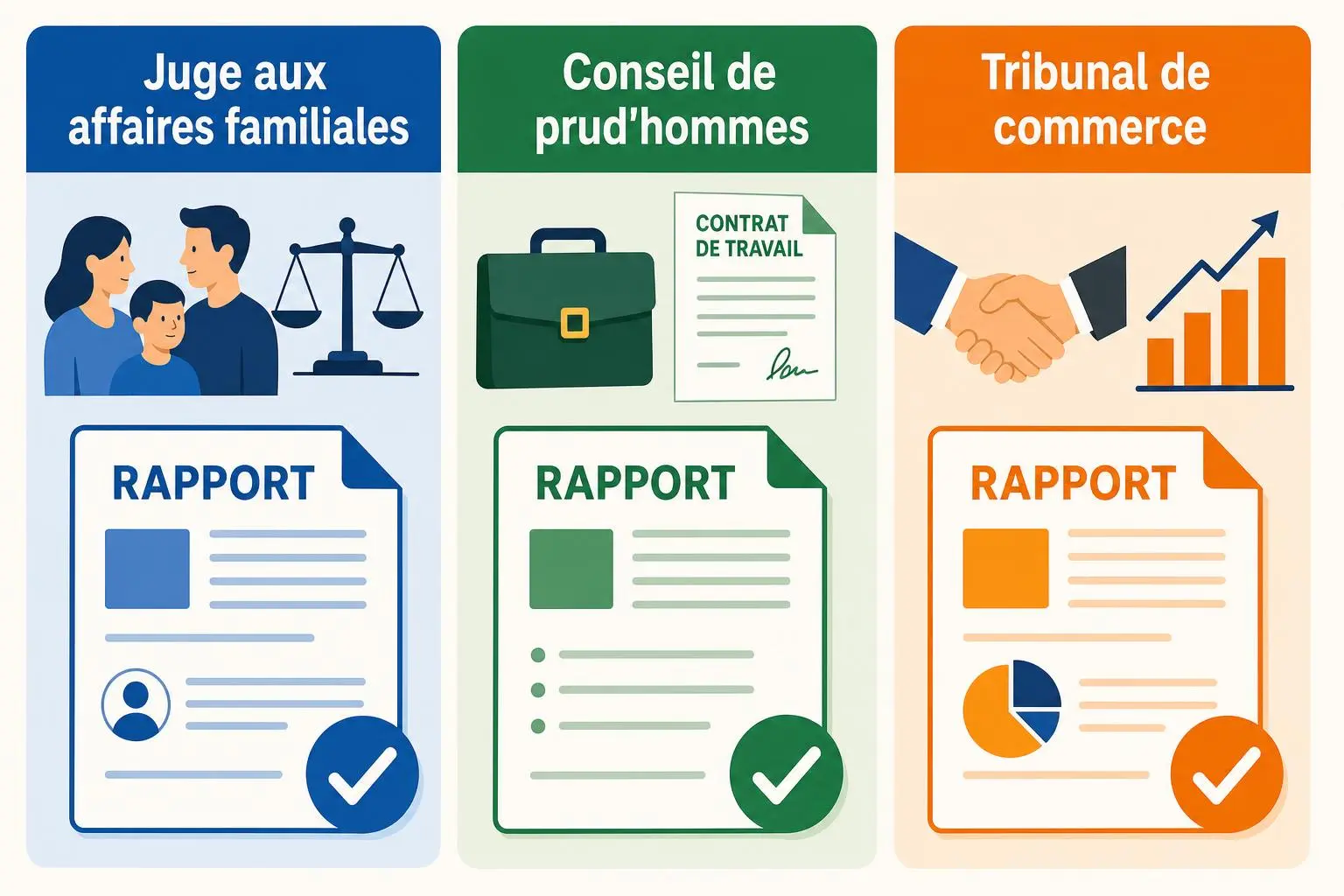 Rapport illustrant la “valeur juridique des rapports de détectives privés” avec trois colonnes: justice familiale, conseil des prud’hommes et tribunal de commerce, chacun montrant un document RAPPORT et une coche.