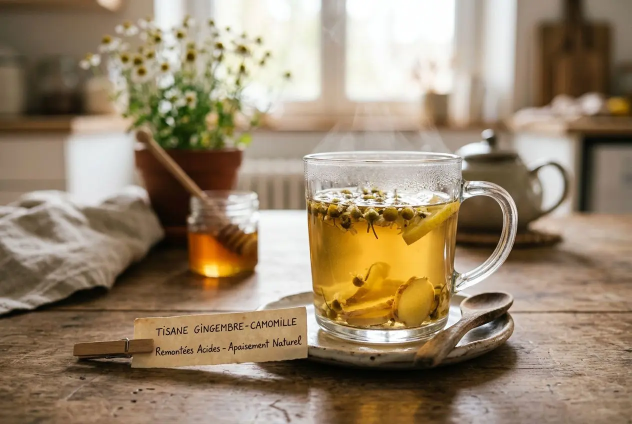 Tasse de tisane chaude au gingembre et camomille sur table, accompagnée d’un pot de miel et d’un mot-soupape “Remontées Acides : Remède Naturel” sur un petit bloc-notes.