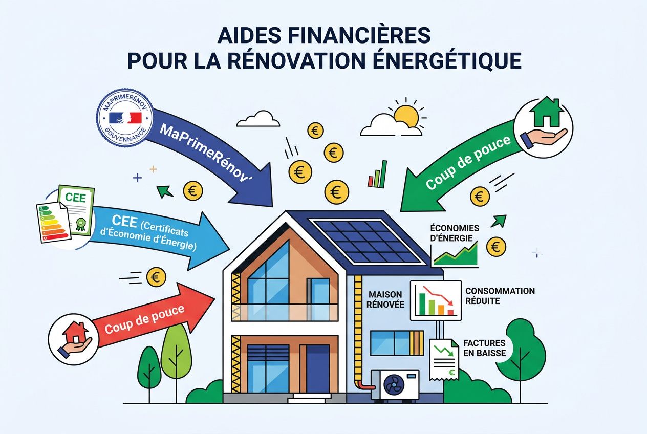 Audit énergétique obligatoire 2024 : illustration d’une maison avec panneaux solaires et flèches indiquant aides et économies d’énergie.