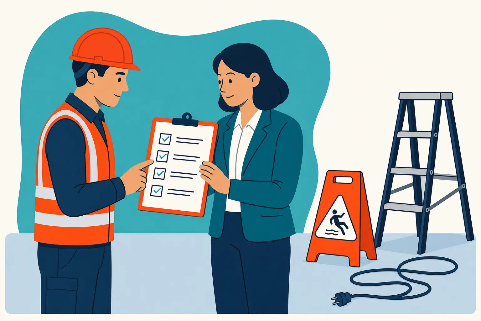 Workers reviewing a workplace health and safety assessment