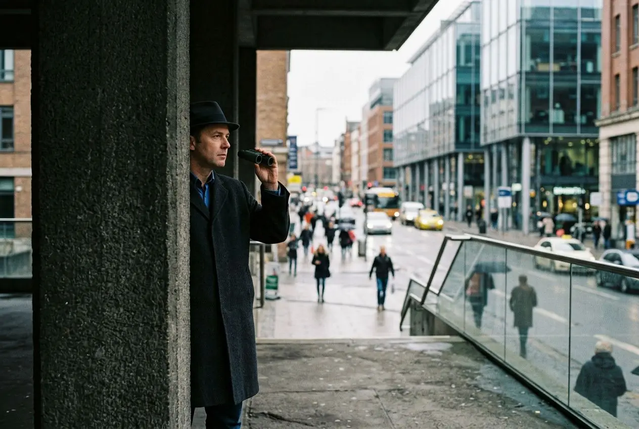 Agent privé en imperméable et fedora, en filature sur un trottoir urbain avec jumelles, entouré d’un quartier moderne. agence détective filature professionnelle