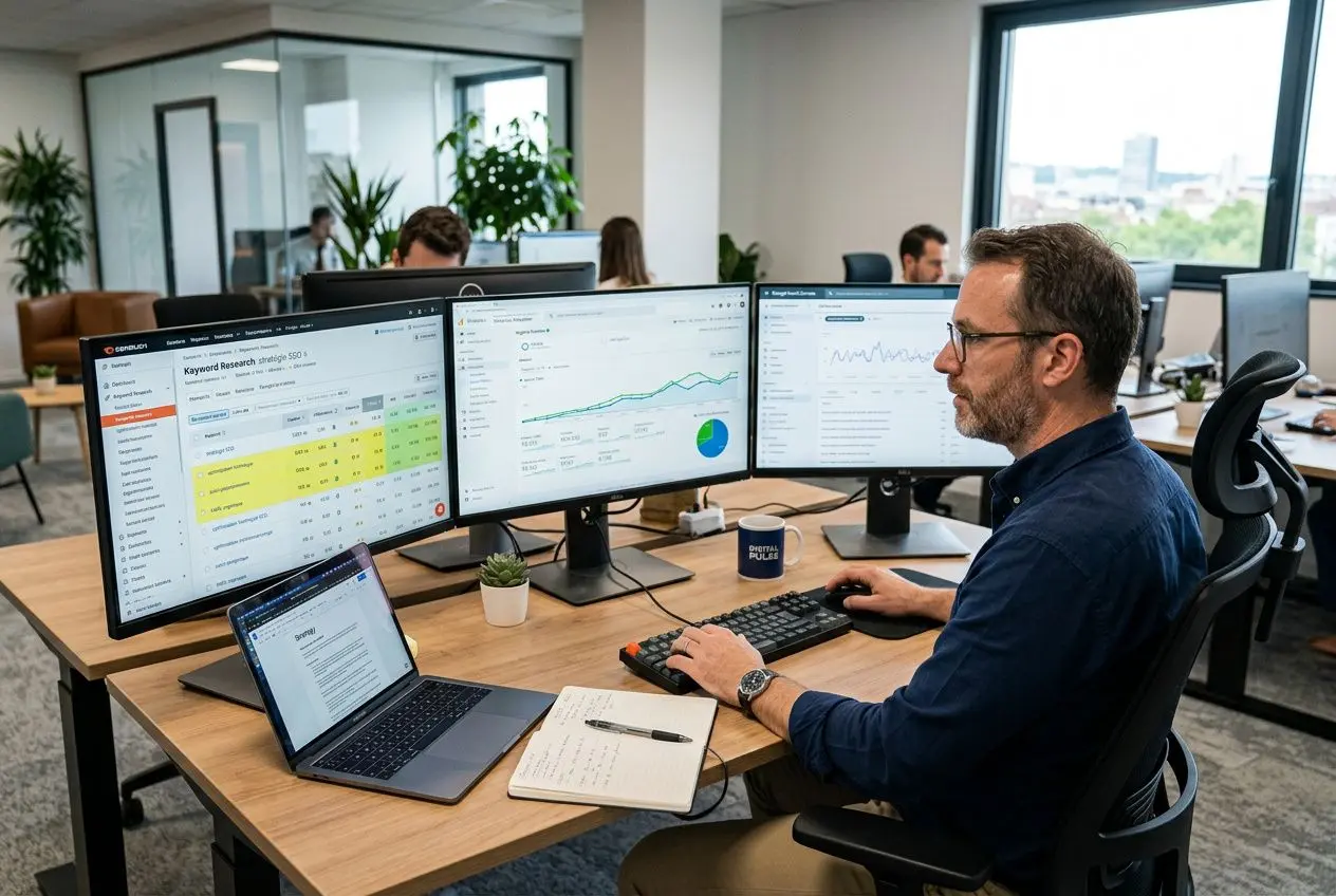 Homme travaillant sur plusieurs écrans affichant des chiffres et graphiques SEO, en bureau moderne. Un laptop, un carnet et une tasse; ambiance de travail en équipe. intégrer: automatiser seo naturellement.
