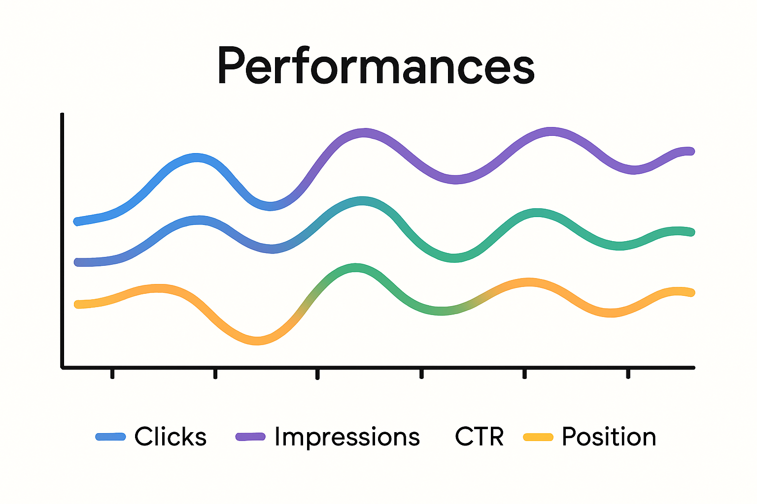 Graphique simplifié du rapport de performances de Google Search Console, illustrant les courbes de clics, impressions, CTR et position.