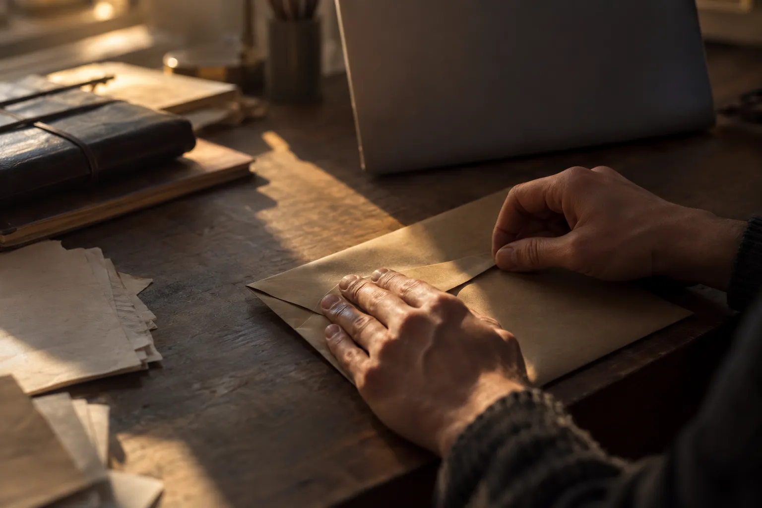 Personne pliant une enveloppe sur un bureau, entouré de dossiers et de lettres, dans une lumière chaude. Le contexte évoque le signalement et la procédure pour dénoncer une détournement de fonds.