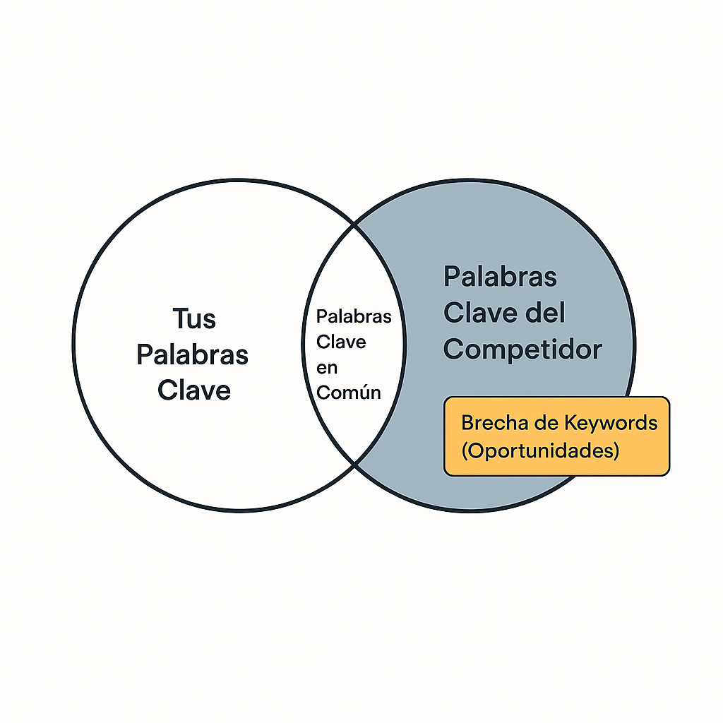 Diagrama que ilustra la brecha de palabras clave en SEO, mostrando las keywords que un competidor posiciona y tu sitio web no.