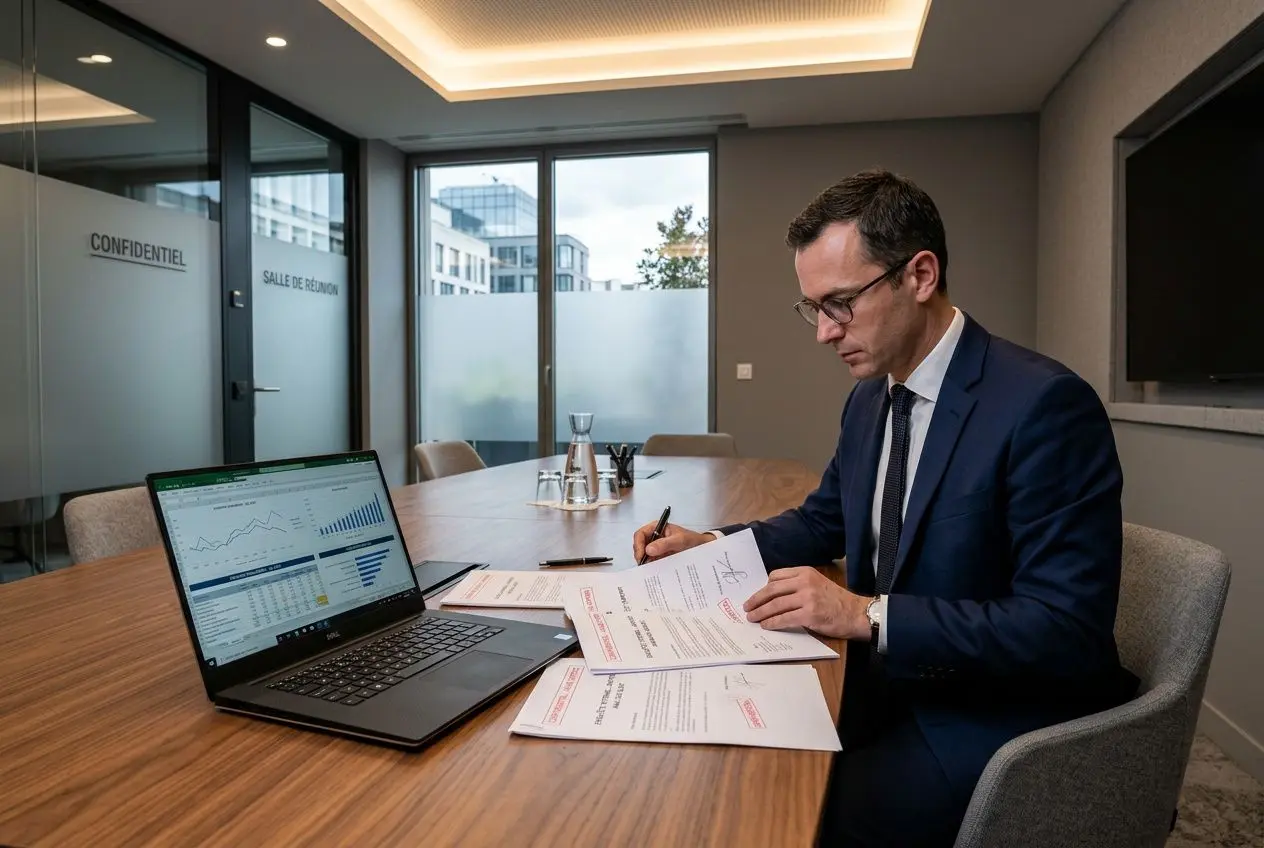 Homme d’affaires en costume, assis à une table, signe des documents devant un ordinateur portable dans une salle de réunion, ambiance professionnelle. En lien avec une enquête fraude interne salarié.