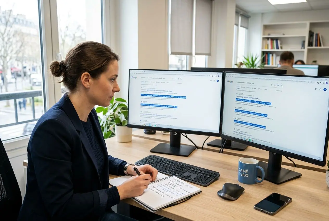 Une femme au bureau, assise devant deux écrans affichant des résultats de recherche, prend des notes dans un carnet.