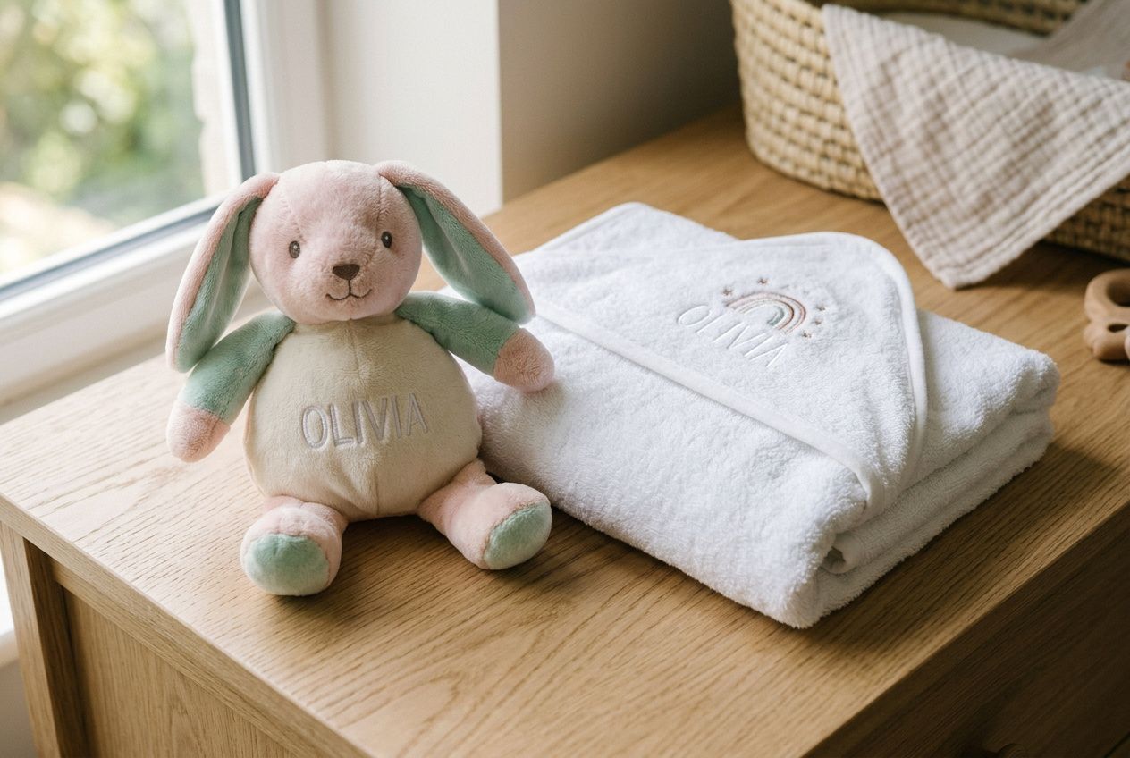 Câlin en peluche rose et vert nommée Olivia avec serviettes blanches personnalisées à côté, cadeau naissance original personnalisé.
