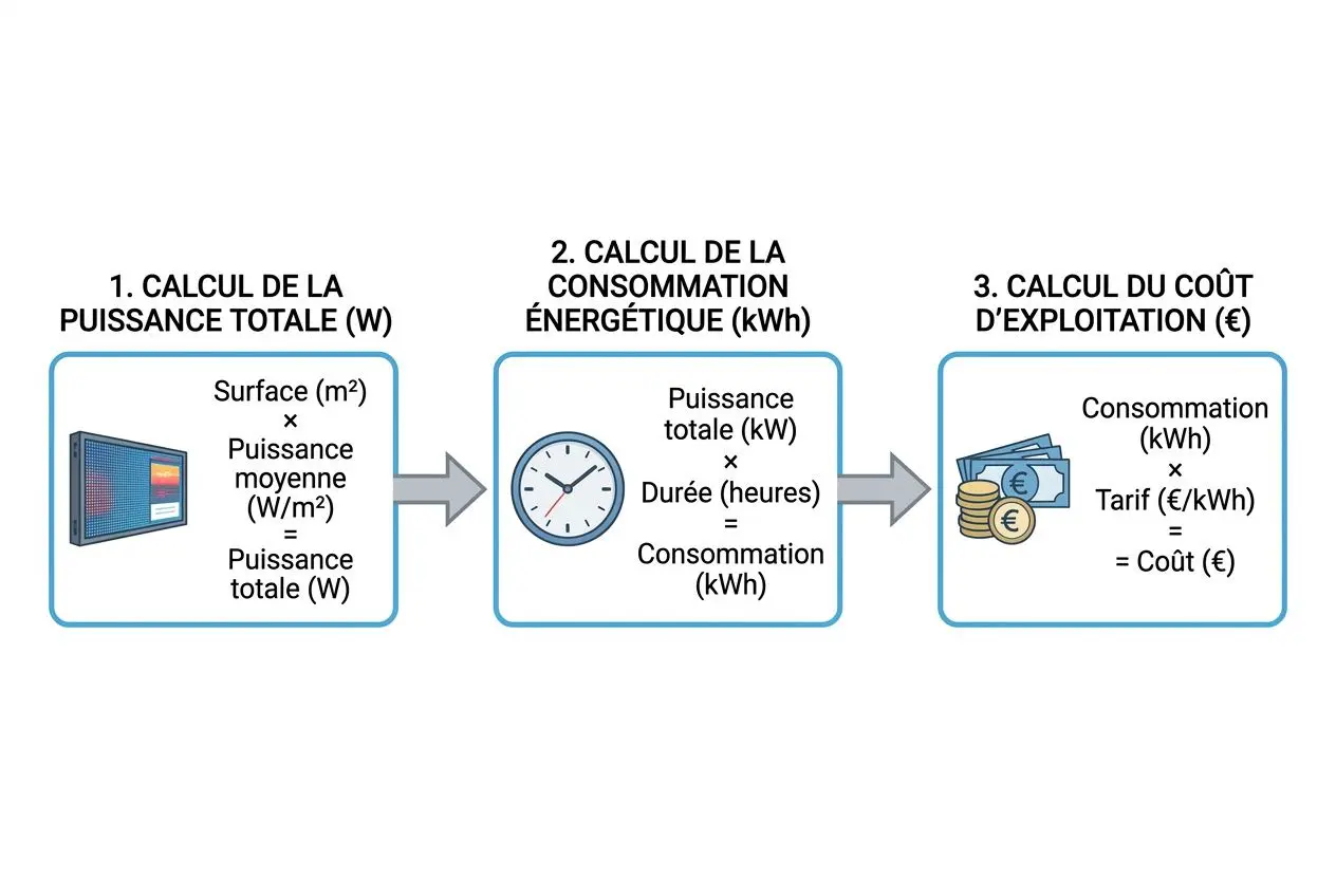 Schéma explicatif en trois étapes : calcul de la puissance, calcul de la consommation énergétique (kWh) et estimation du coût d’exploitation pour un écran géant LED.