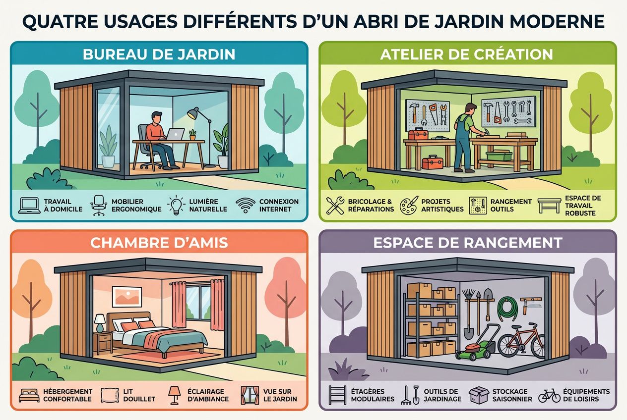 Quatre usages d’un chalet de jardin moderne : bureau, atelier, chambre d’amis et espace de rangement.