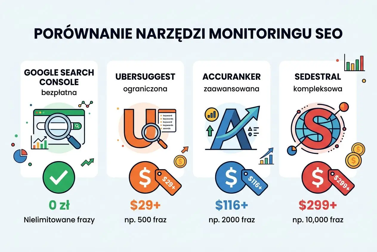 Porównanie narzędzi monitoringu SEO: cztery opcje (Google Search Console, Ubersuggest, Accuranker, SEDEstral) z ikonami cen i funkcji. Monitoring pozycji dla agencji SEO : przegląd narzędzi.