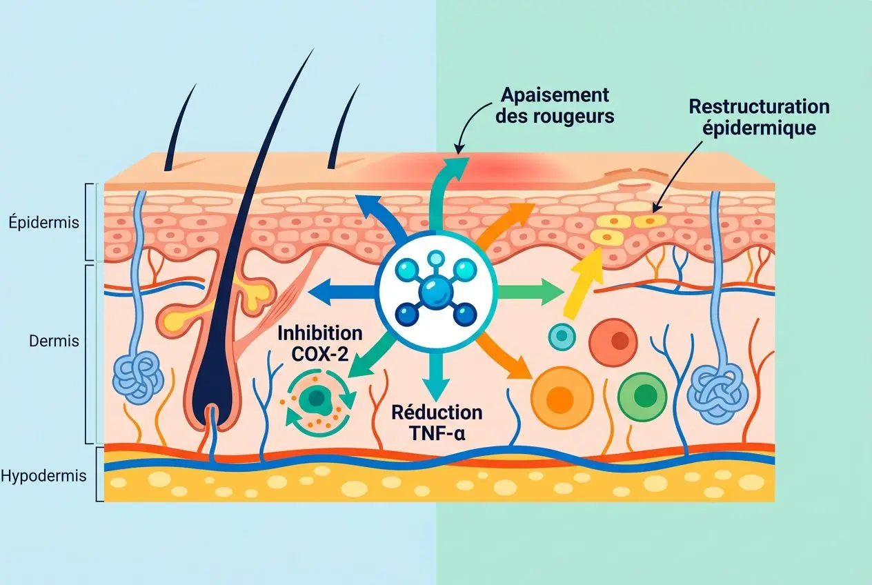 Schéma cutané illustrant des molécules et outils anti-inflammatoires, avec colonnes épiderme et derme, et des flèches colorées montrant réduction de dommages et protection cutanée. phycocyanine pour la peau serait mentionnée comme pigment antioxydant.