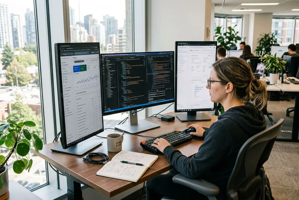 Une développeuse devant trois écrans en open space, codant et analysant des données, avec carnet et café sur le bureau, prête pour une seo optimisation technique.