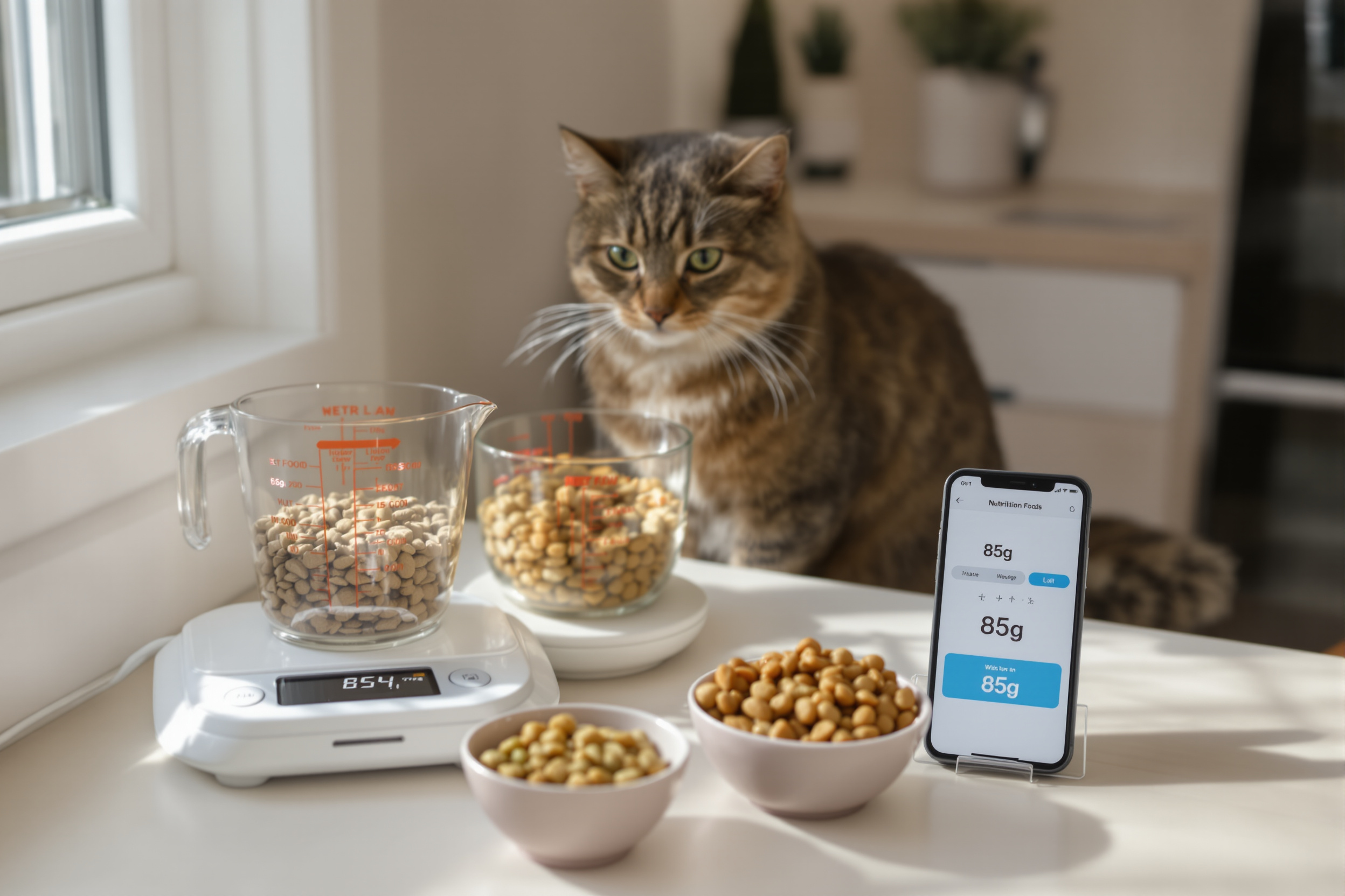 Bilancia da cucina con porzioni di cibo per gatti