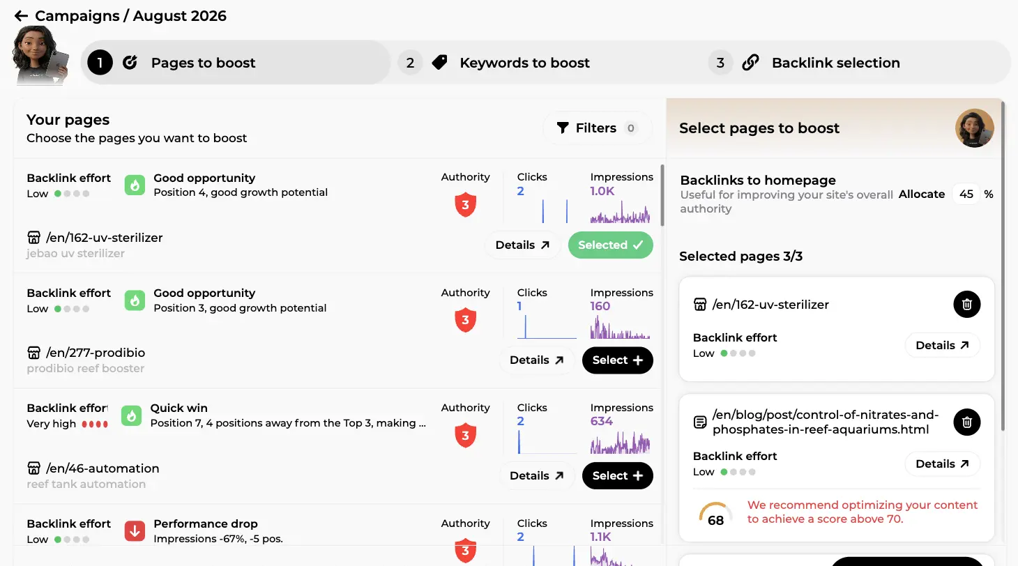 Maya's campaign step 1, Pages to boost: pages with backlink effort, opportunity label, authority and a side panel of selected pages