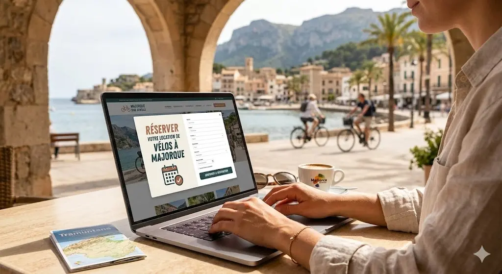Personne utilisant un ordinateur portable en terrasse près de la mer, affichant une page de réservation de vélos à Majorque; vue sur plage et cyclistes en arrière-plan.