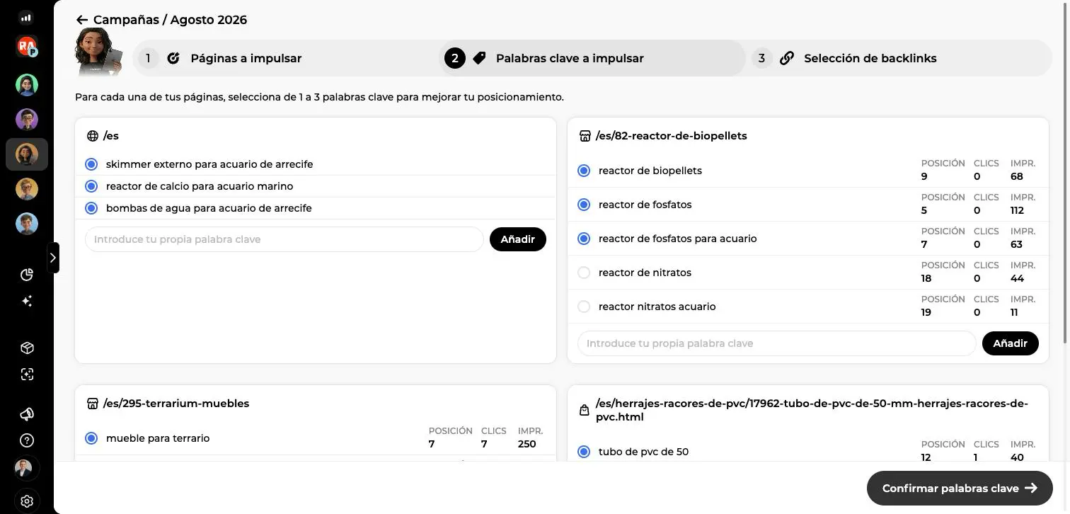 Etapa 2 Palabras clave a impulsar: una tarjeta por página con las palabras clave recomendadas, su posición, sus clics y sus impresiones