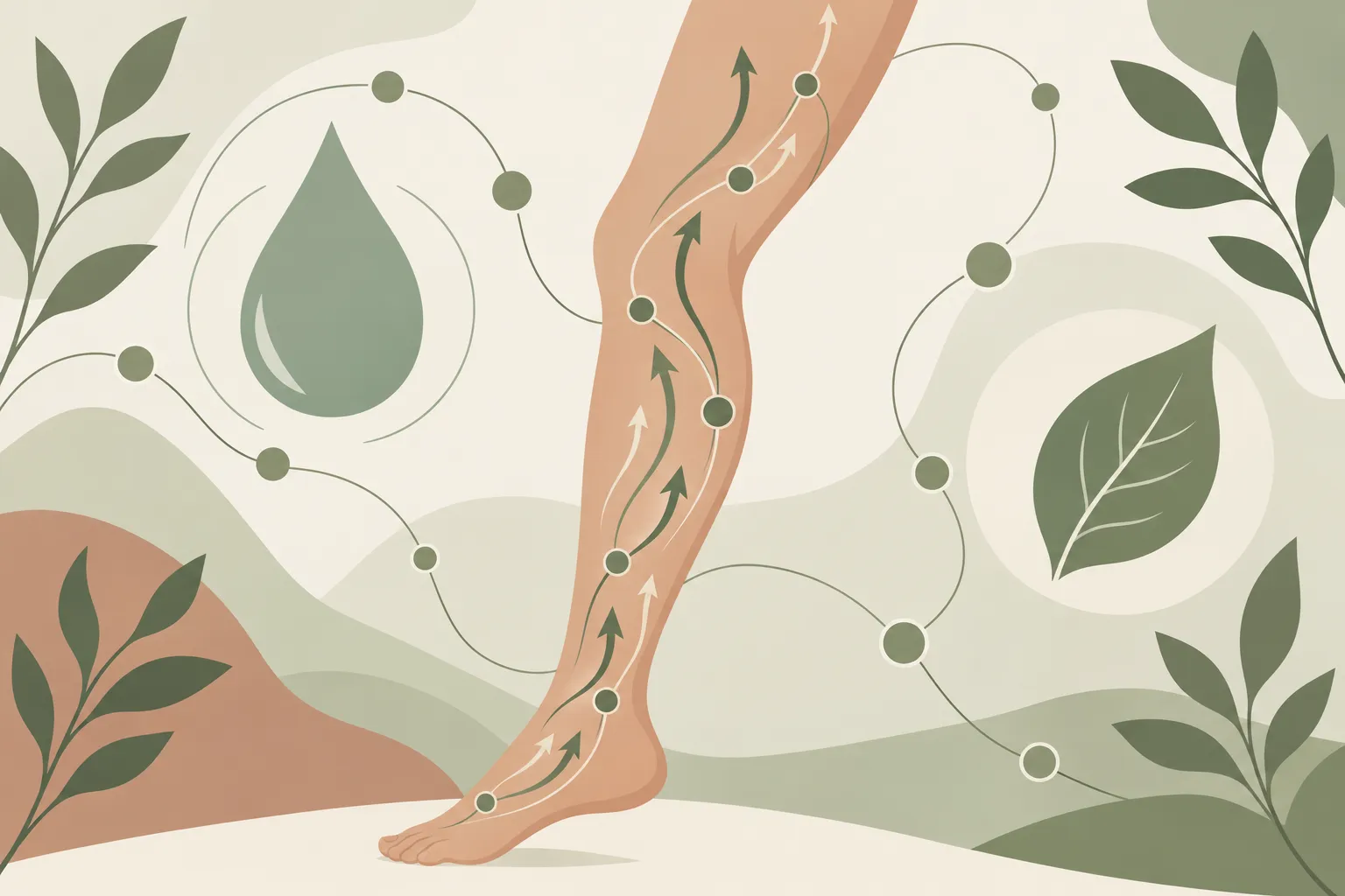 Jambe féminine dessinée avec des directions lymphatiques en flèches, entourée de plantes et de gouttes, symbolisant la phytothérapie et la rétention d’eau.