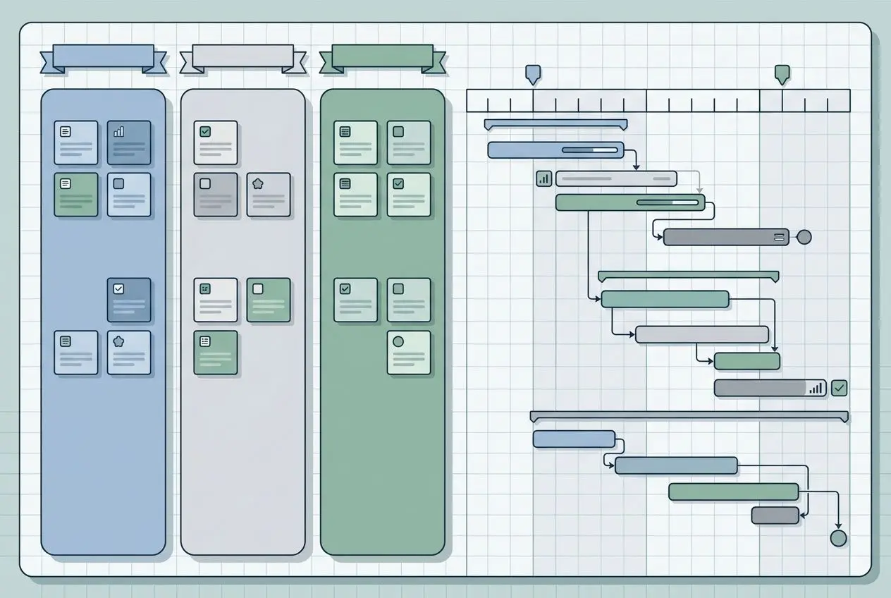 Diagramme de gestion de projet logiciel avec colonnes de tâches, diagrammes et timelines, illustrant l’organisation et la collaboration.