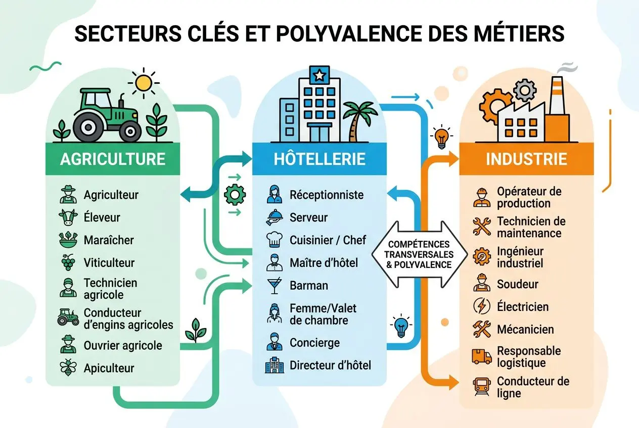 Illustration des métiers avec agriculture, hôtellerie et industrie et leurs compétences, reliant les secteurs clé et polyvalence des métiers.