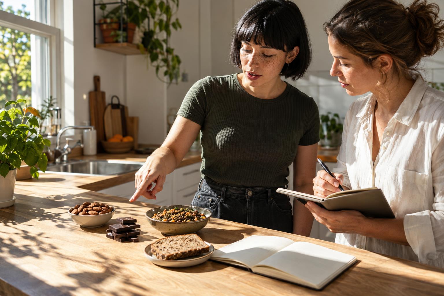 Deux femmes notent les aliments riches en magnésium, céréales et chocolat, pour couvrir les besoins en ce minéral