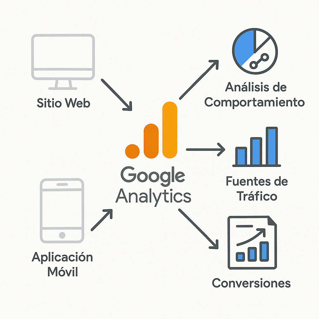Esquema del funcionamiento de Google Analytics que muestra la recopilación de datos desde un sitio web y una aplicación, y su transformación en informes de comportamiento, tráfico y conversiones.
